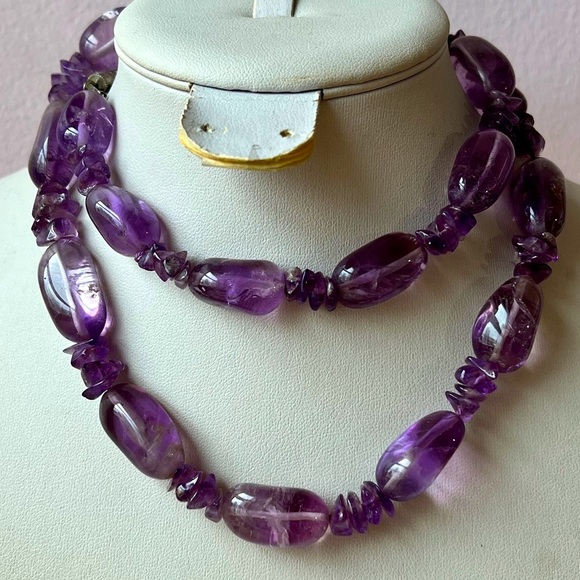 VINTAGE LARGE NATURAL AMETHYST BEADS LONG NECKLACE STATEMENT VERSATILE